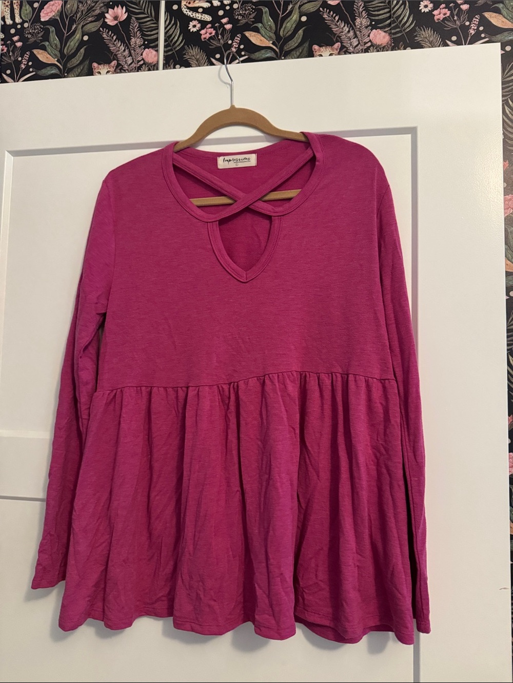 Impressions Fuchsia Crisscross Peplum Long-Sleeve Tunic